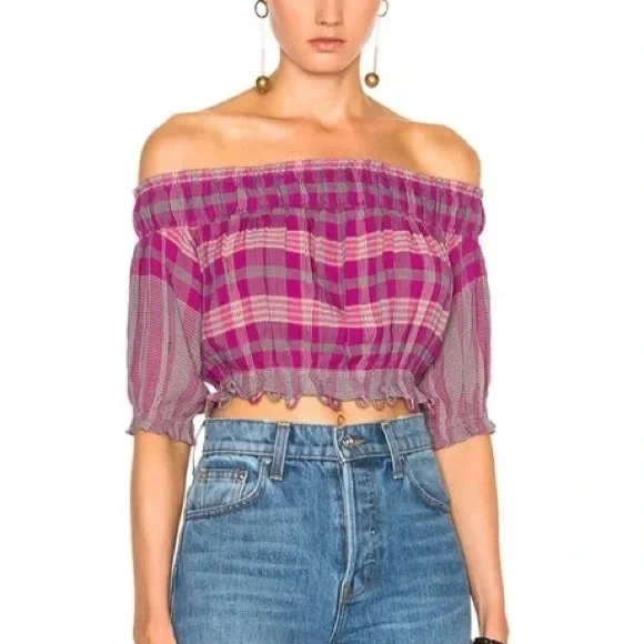 Apiece Apart Oeste Off Shoulder Crop Top pink plaid size 6 - Picture 2 of 10